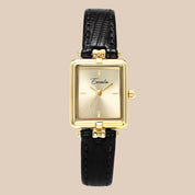 Horloge, gouden wijzerplaat, zwarte leren band, Dames