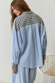Pyjama set blue striped with checkered details side view