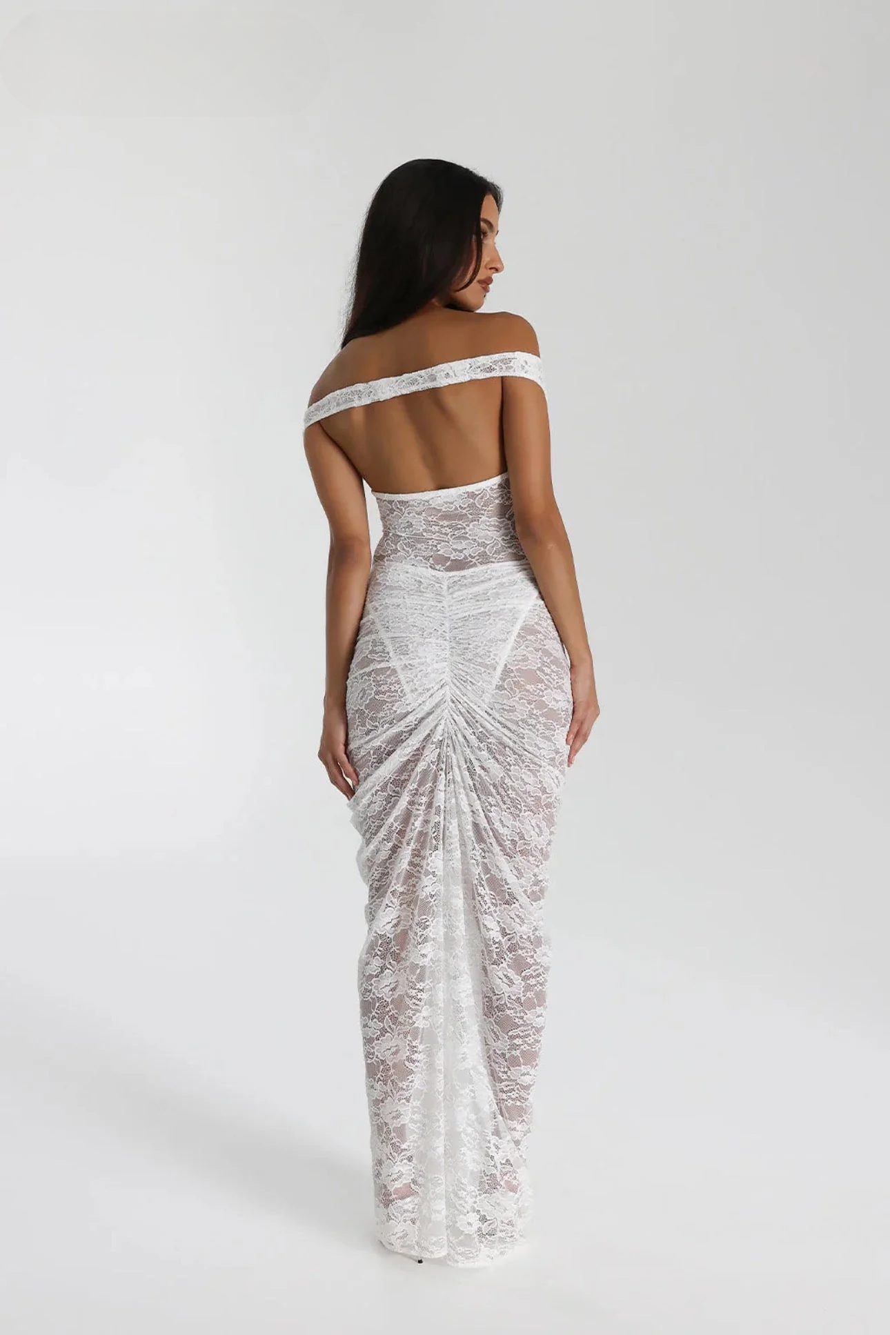 White lace off-shoulder dress back view