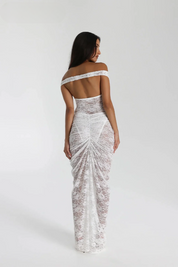 White lace off-shoulder dress back view