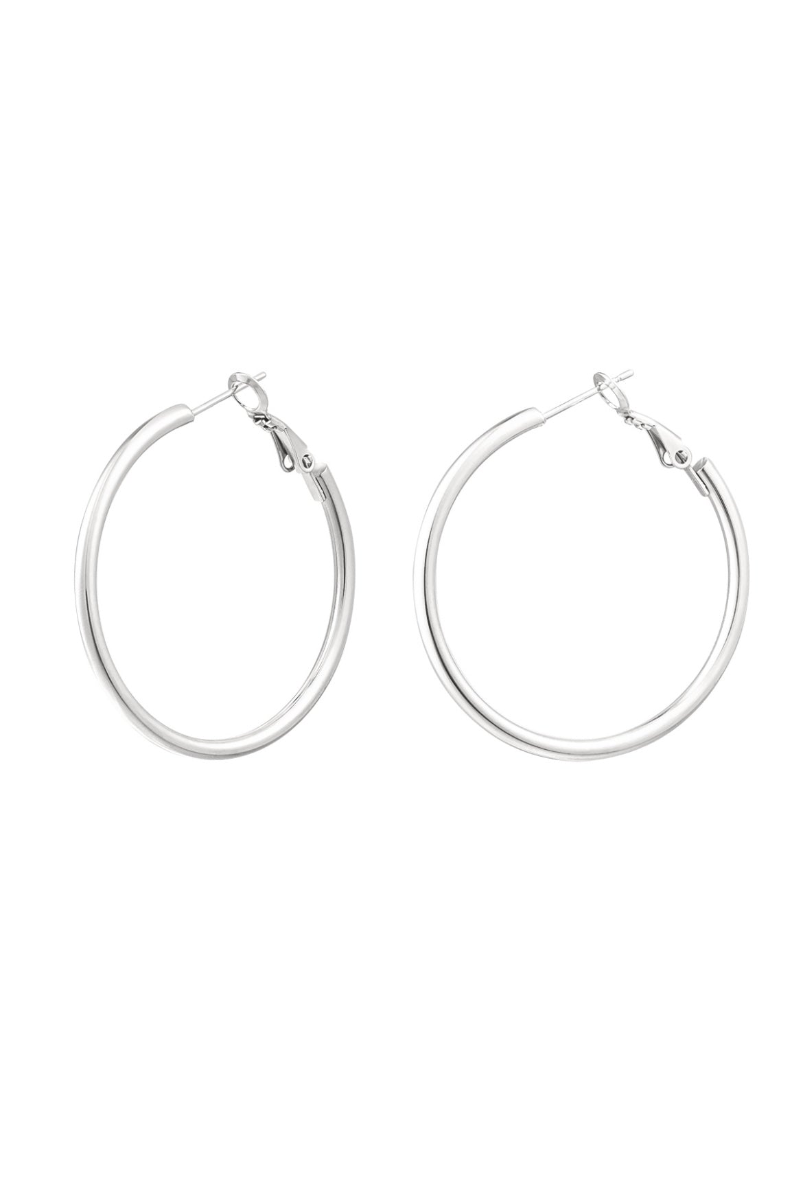 Silver hoop earrings with hinge closure front view