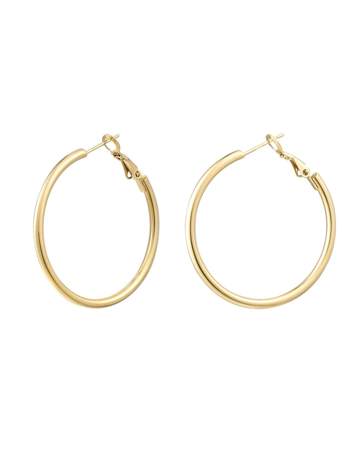 Gold hoop earrings with hinge closure front view