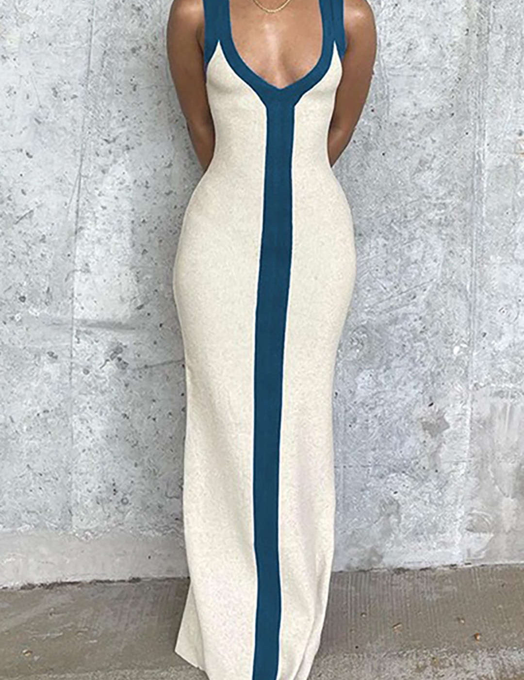 Dress white and blue vertical stripe front view