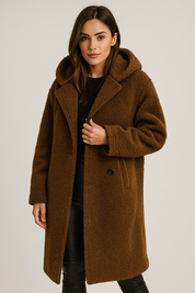 Damesjas bruin teddybont met capuchon front view