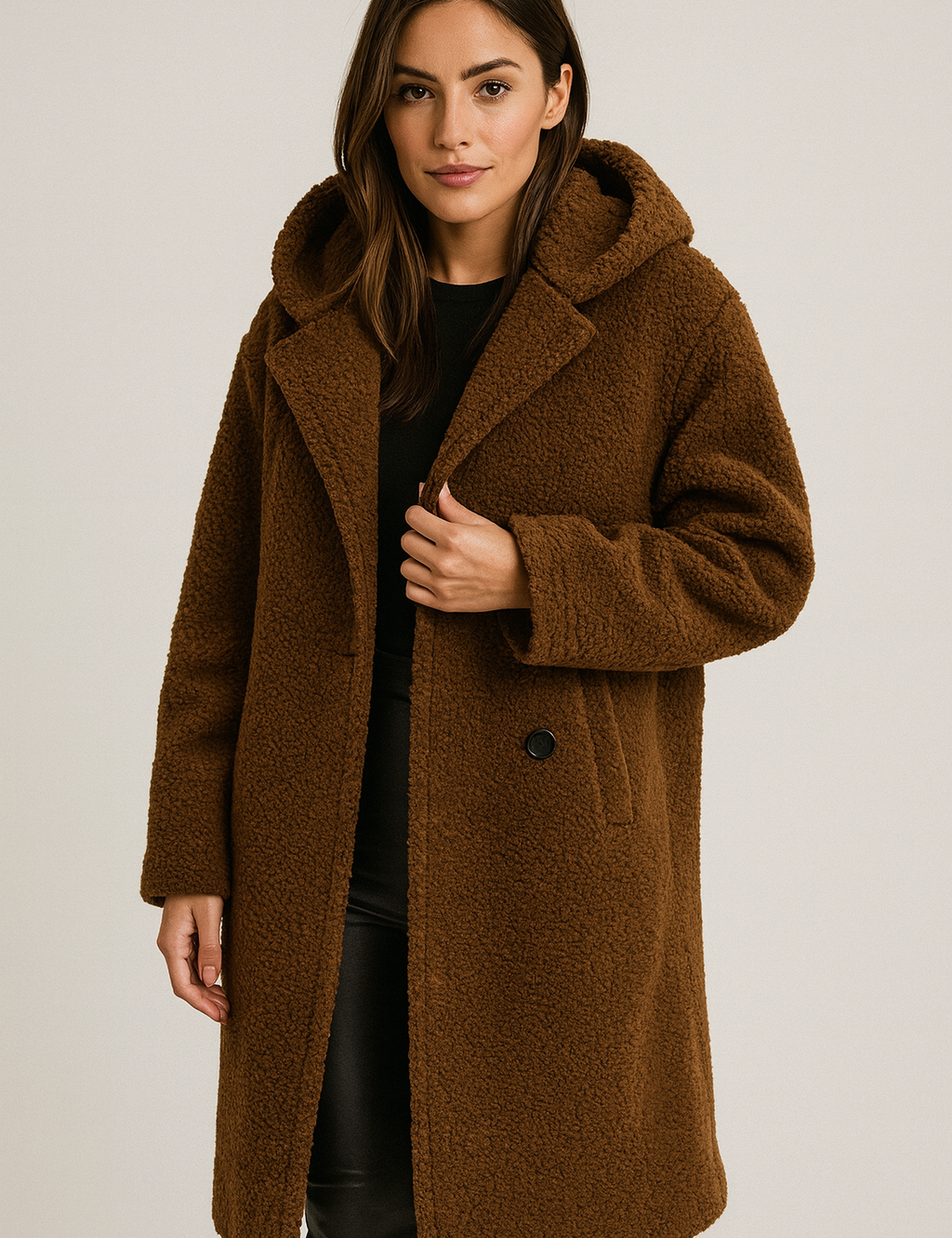 Damesjas bruin teddybont met capuchon front view