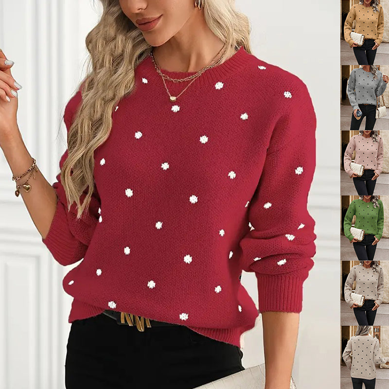 Red knit sweater with white polka dots side profile