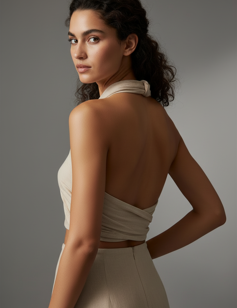 Beige halter crop top back view