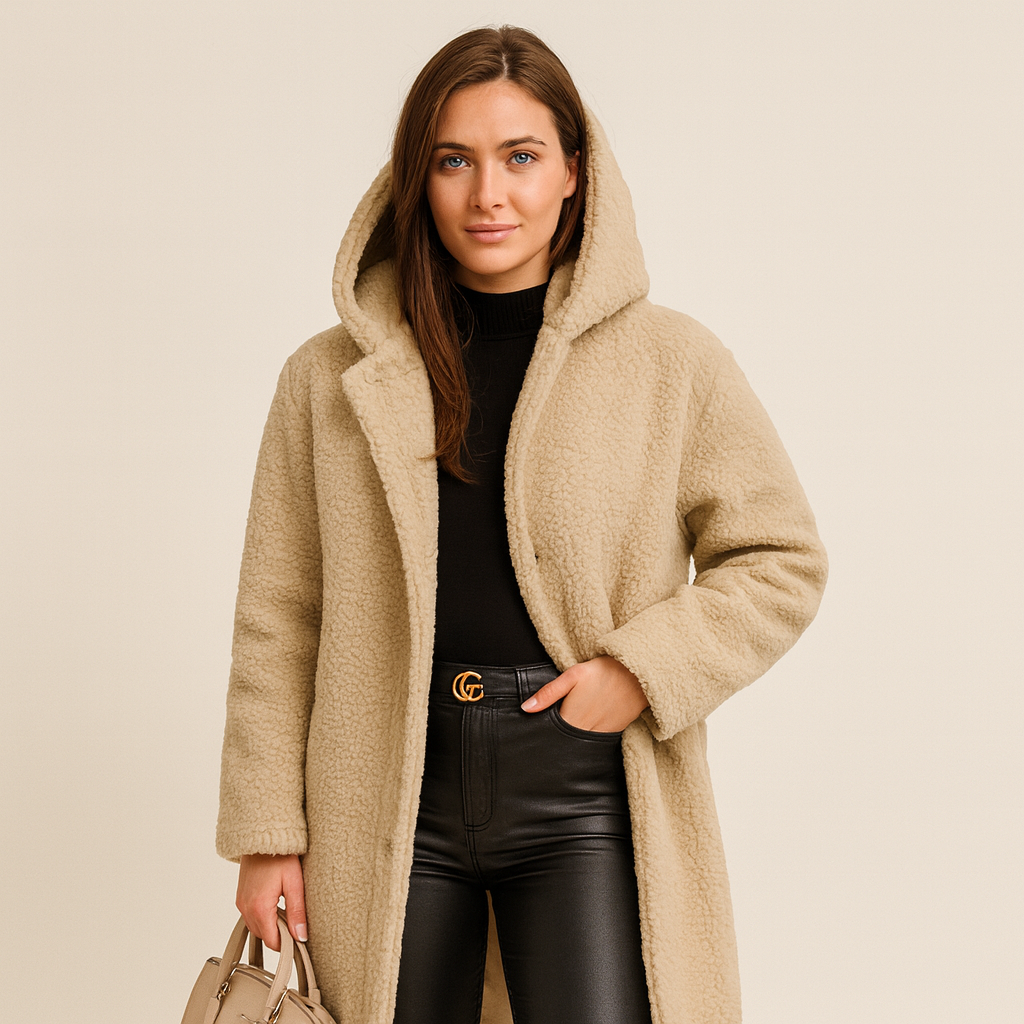 Damesjas teddybont beige met capuchon front view