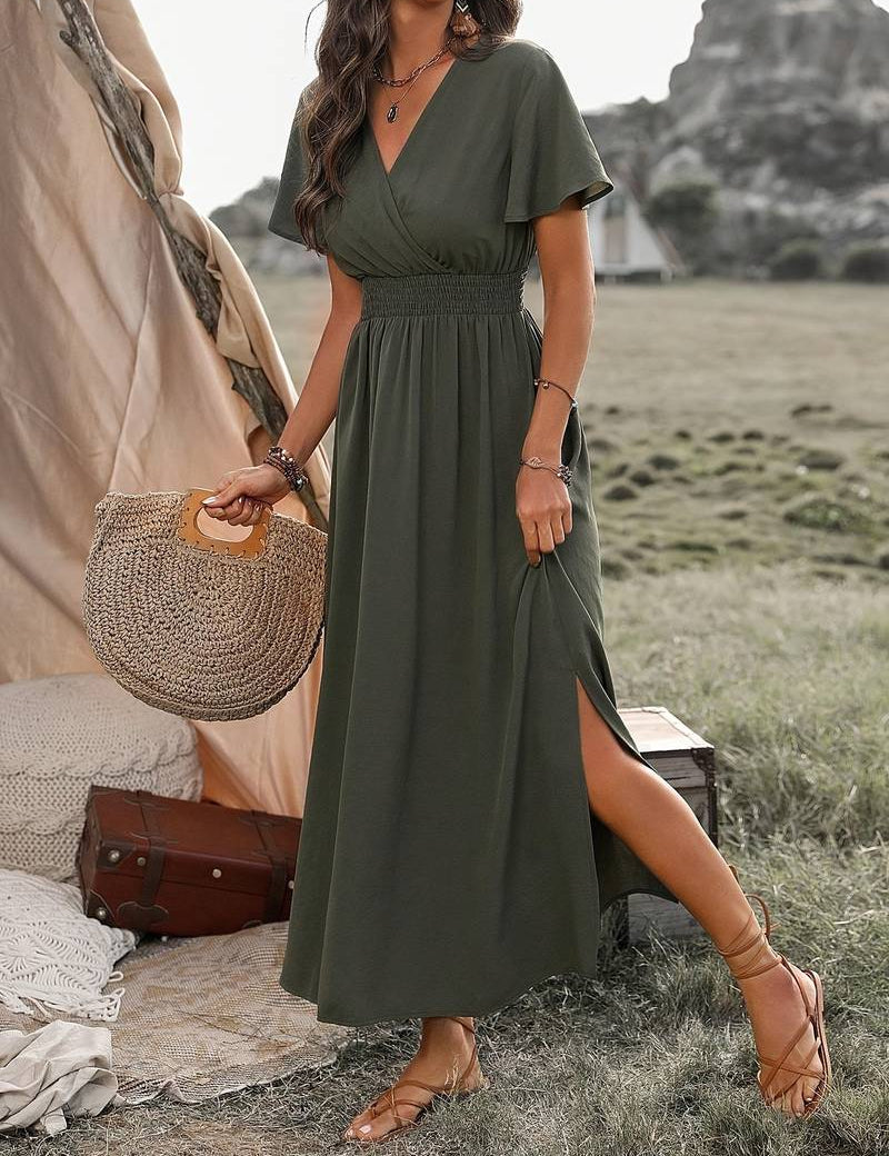 Elegante jurk met korte mouwen en koorkraag, groen, vooruitgang