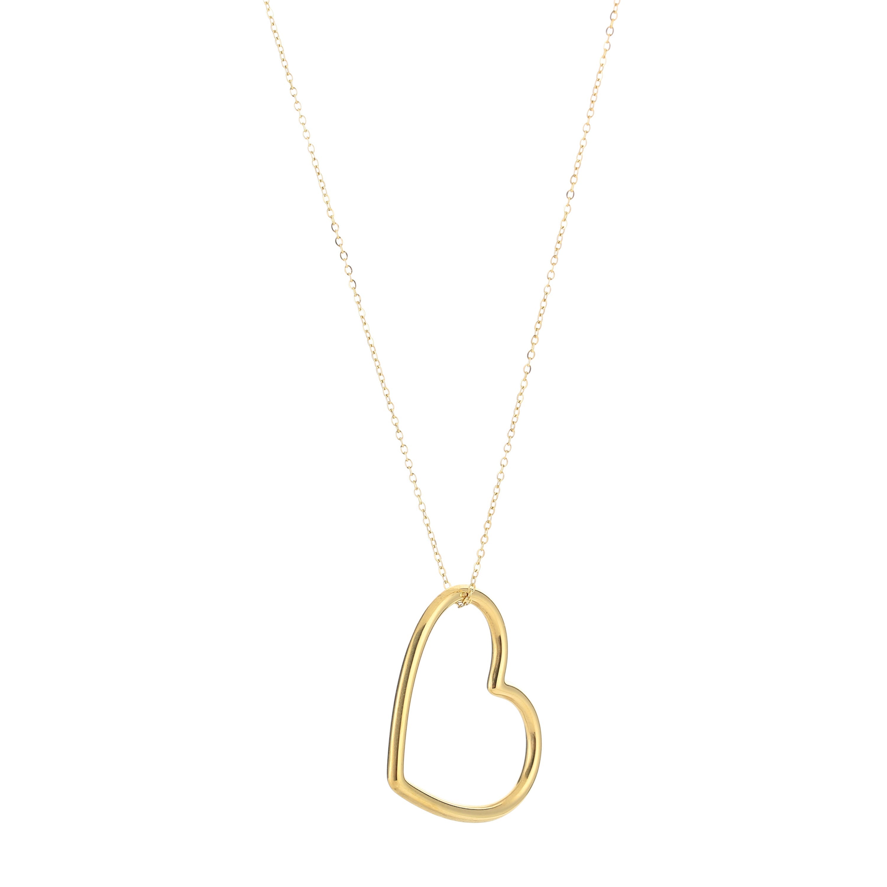 Gold necklace with open heart pendant, front view