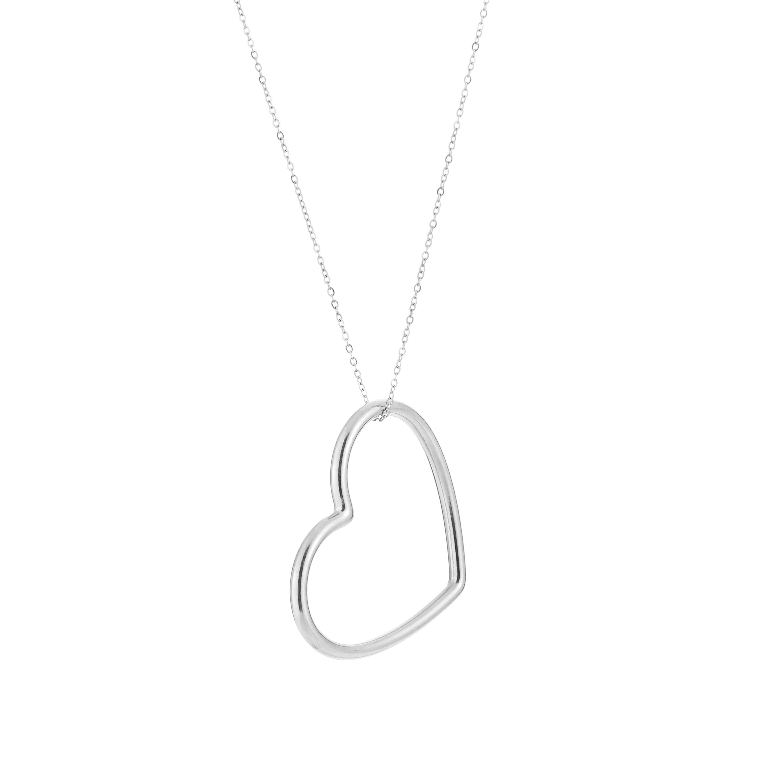 Silver necklace with open heart pendant, front view