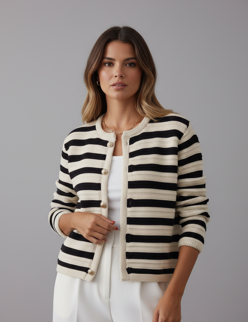 Black and white striped cardigan front view