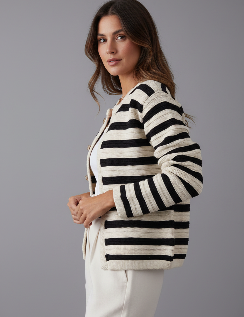 Black and white striped cardigan side angle