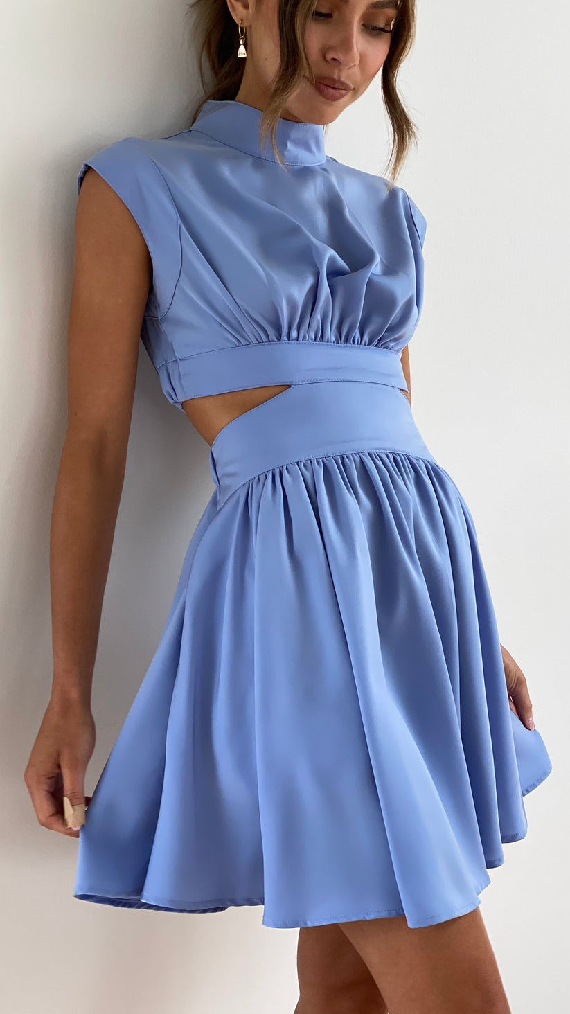 Light blue dress with cut-out details and pleated skirt front view