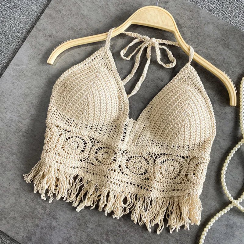 Crochet halter top with tassels, cream color, front view