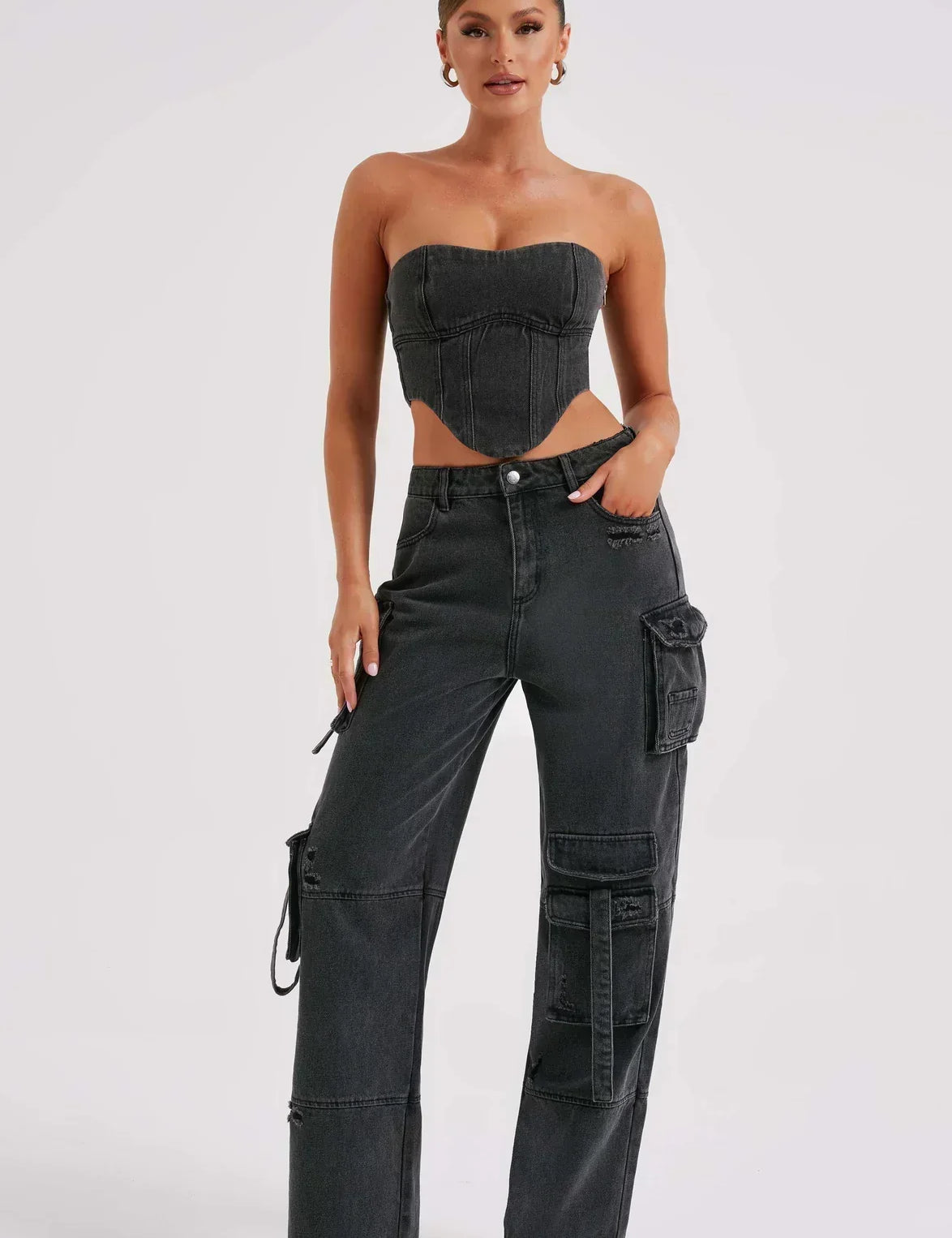 Denim korset en cargo jeans zwart front view