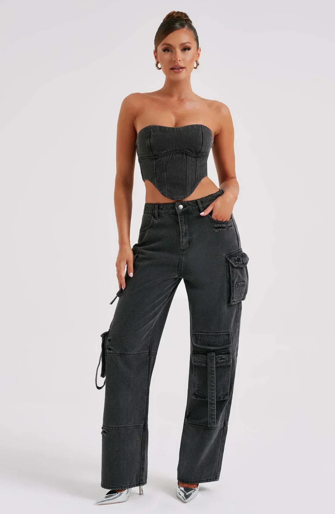Denim korset en cargo jeans zwart front view