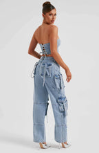 Tweedelige denim set met korset en cargo jeans, lichtblauw, zijprofiel