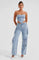 Tweedelige denim set met korset en cargo jeans, lichtblauw, front view
