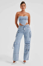 Tweedelige denim set met korset en cargo jeans, lichtblauw, front view