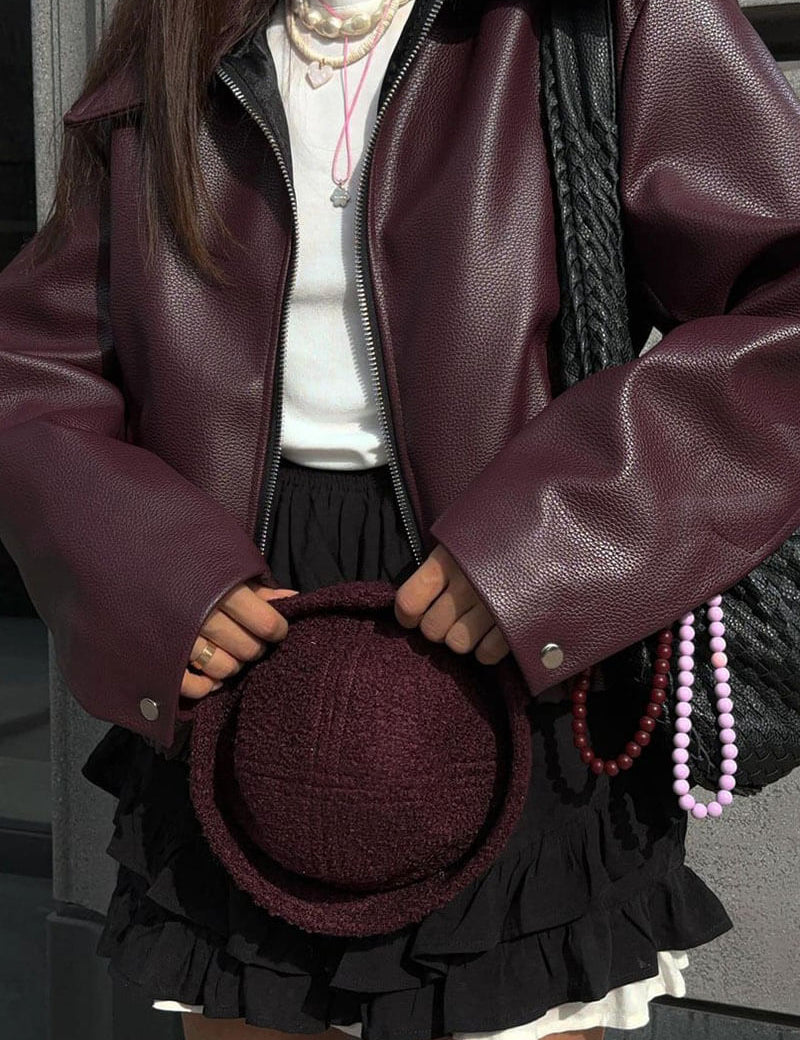 Burgundy leather jacket front view
