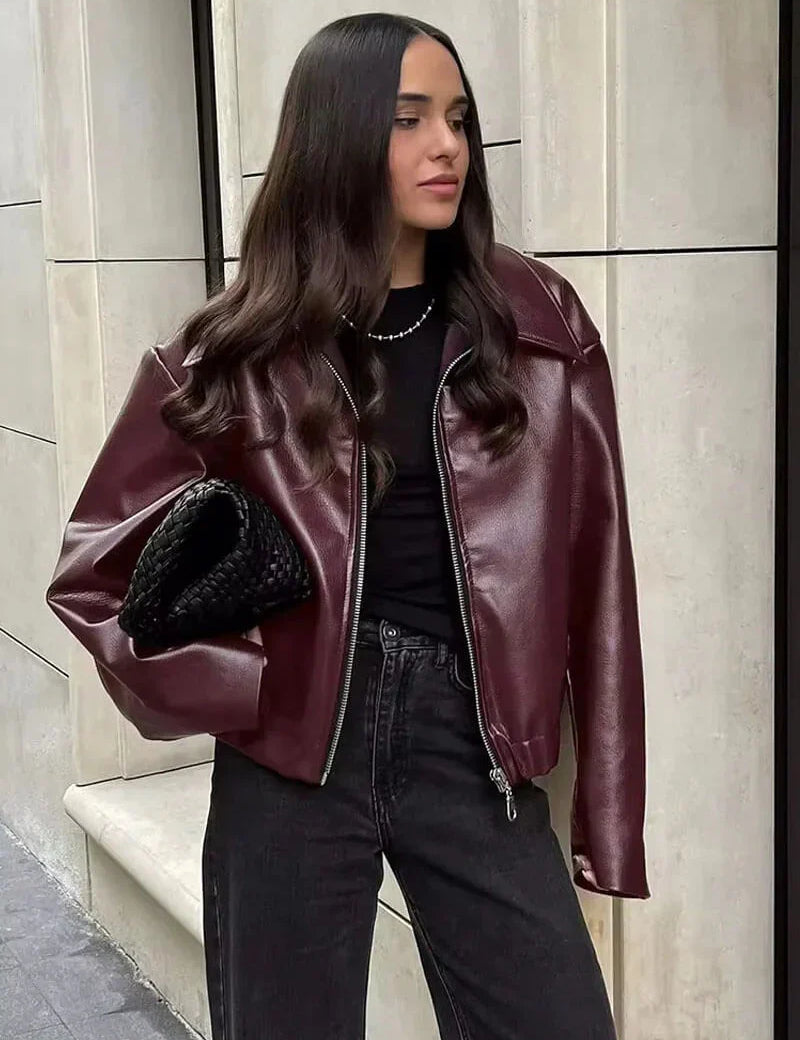 Leren jas bordeaux met zwarte mouwen front view