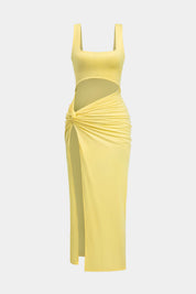 Midi dress yellow front view with side slit