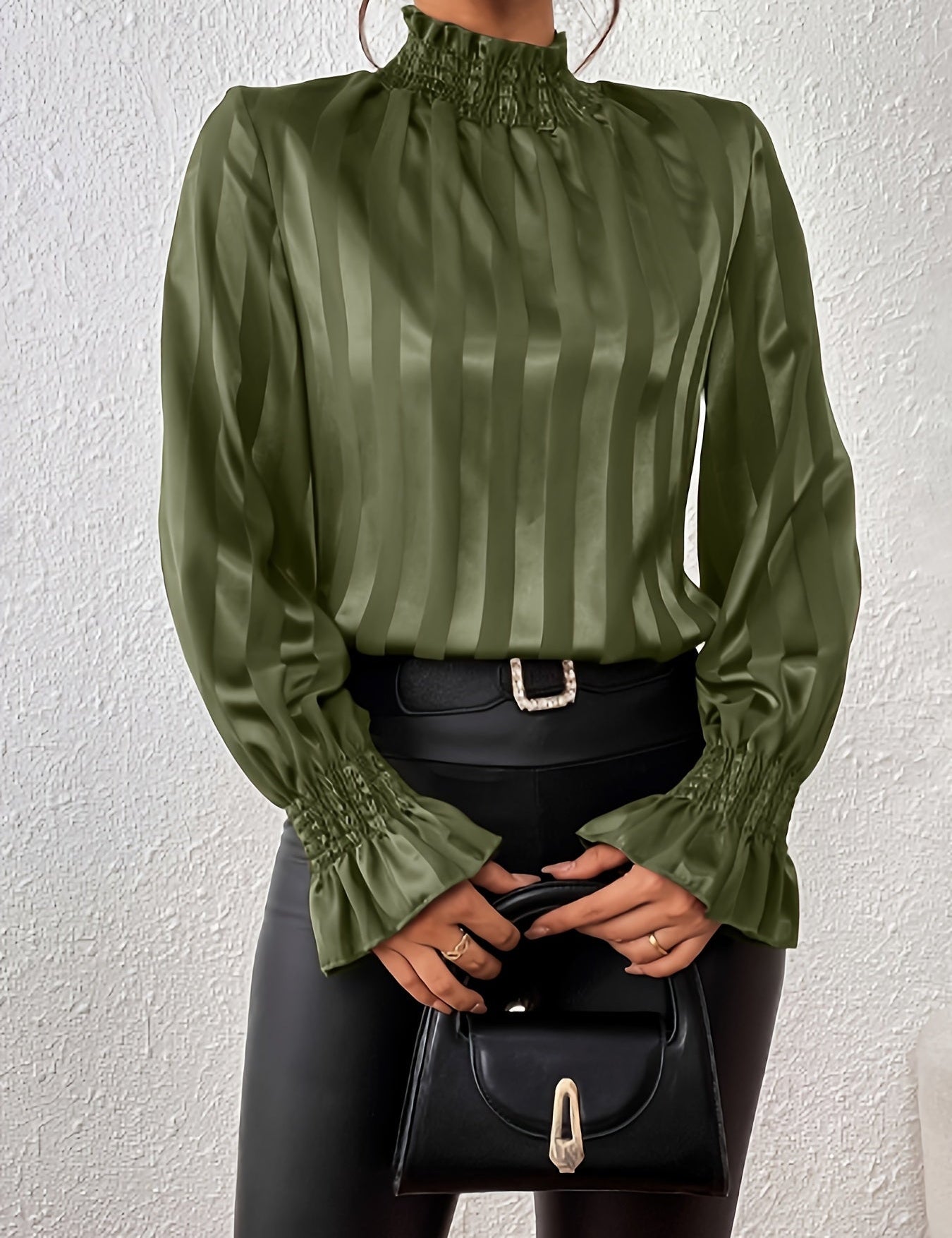 Olive striped satin blouse with ruffled cuffs front view