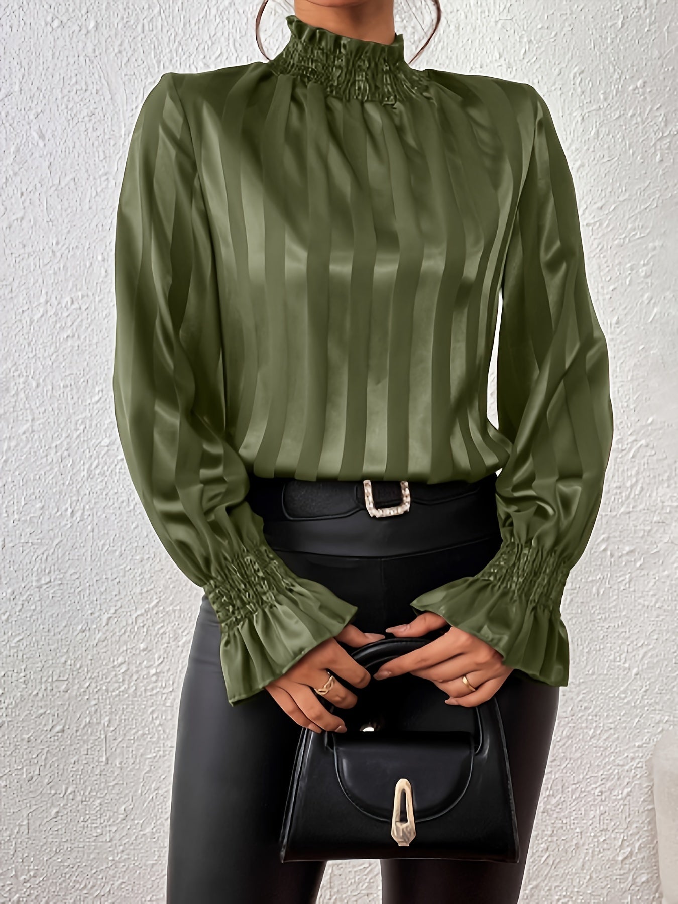 Olive striped satin blouse with ruffled cuffs front view