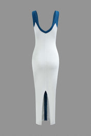 Dress white with blue vertical stripe back view