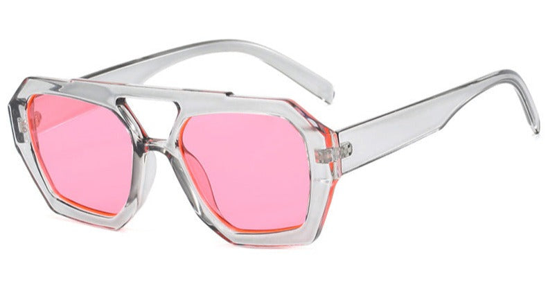 Zonnebril, geometrisch frame met dubbele brug, acetaat, geel/bruin, Dames