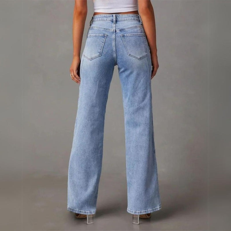Dames jeans lichtblauw wijde pijpen achterzijde