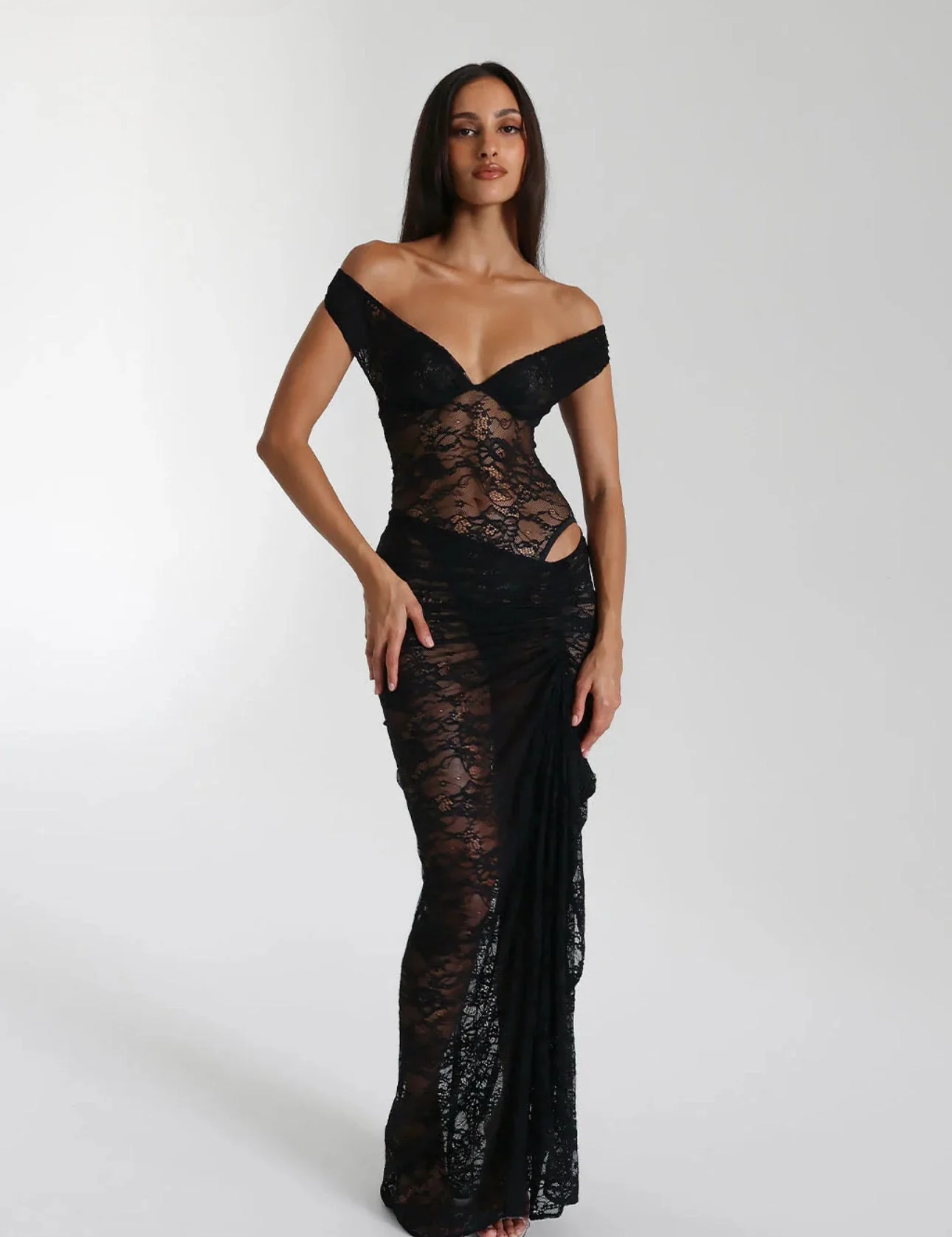 Black lace off-shoulder dress front view