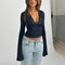 Crop top met kant V-hals en lange mouwen, donkerblauw, front view
