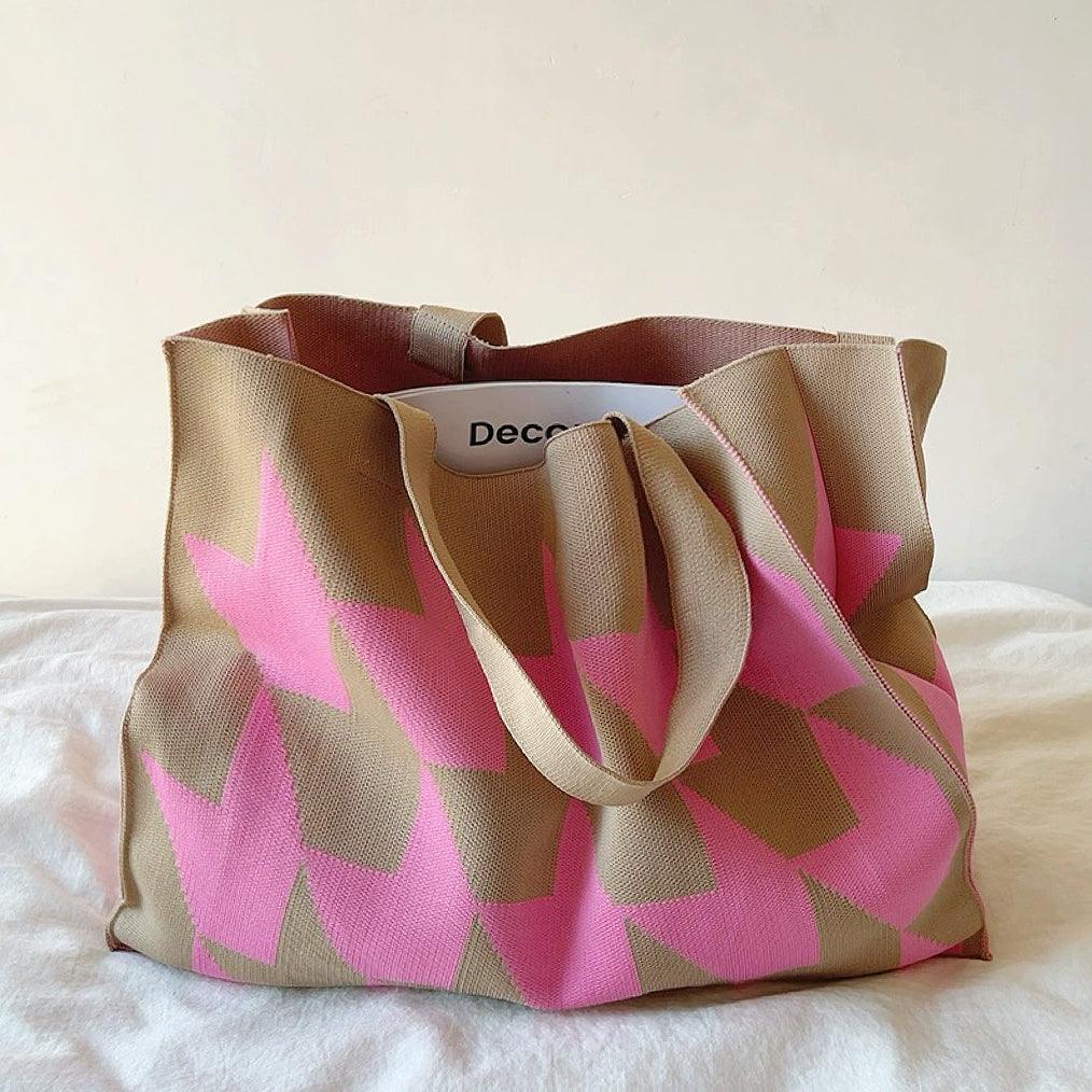 Shopper bag black with green geometric pattern front view