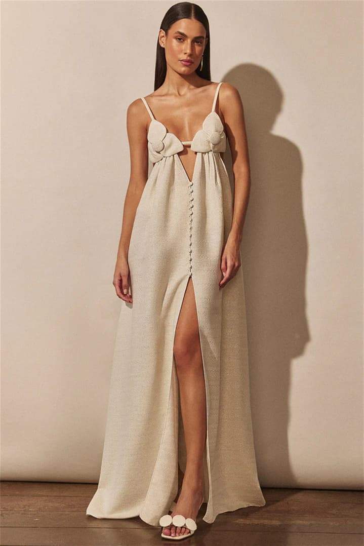 Maxi dress with floral detail and split front view