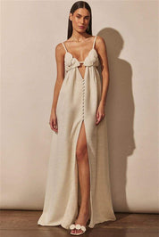 Maxi dress with floral detail and split front view