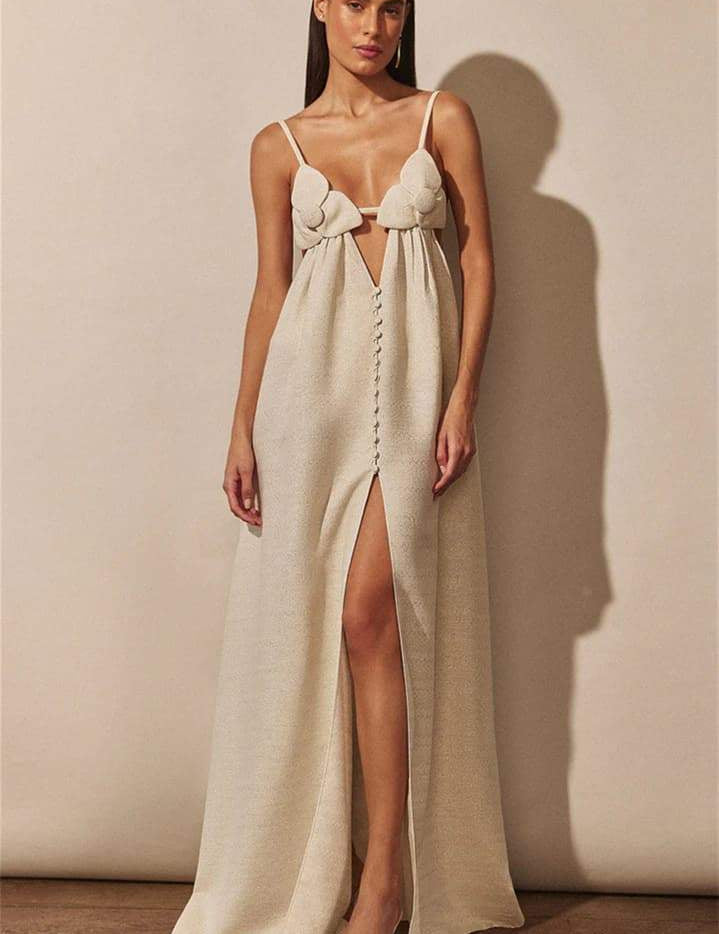 Maxi dress with floral detail and split front view