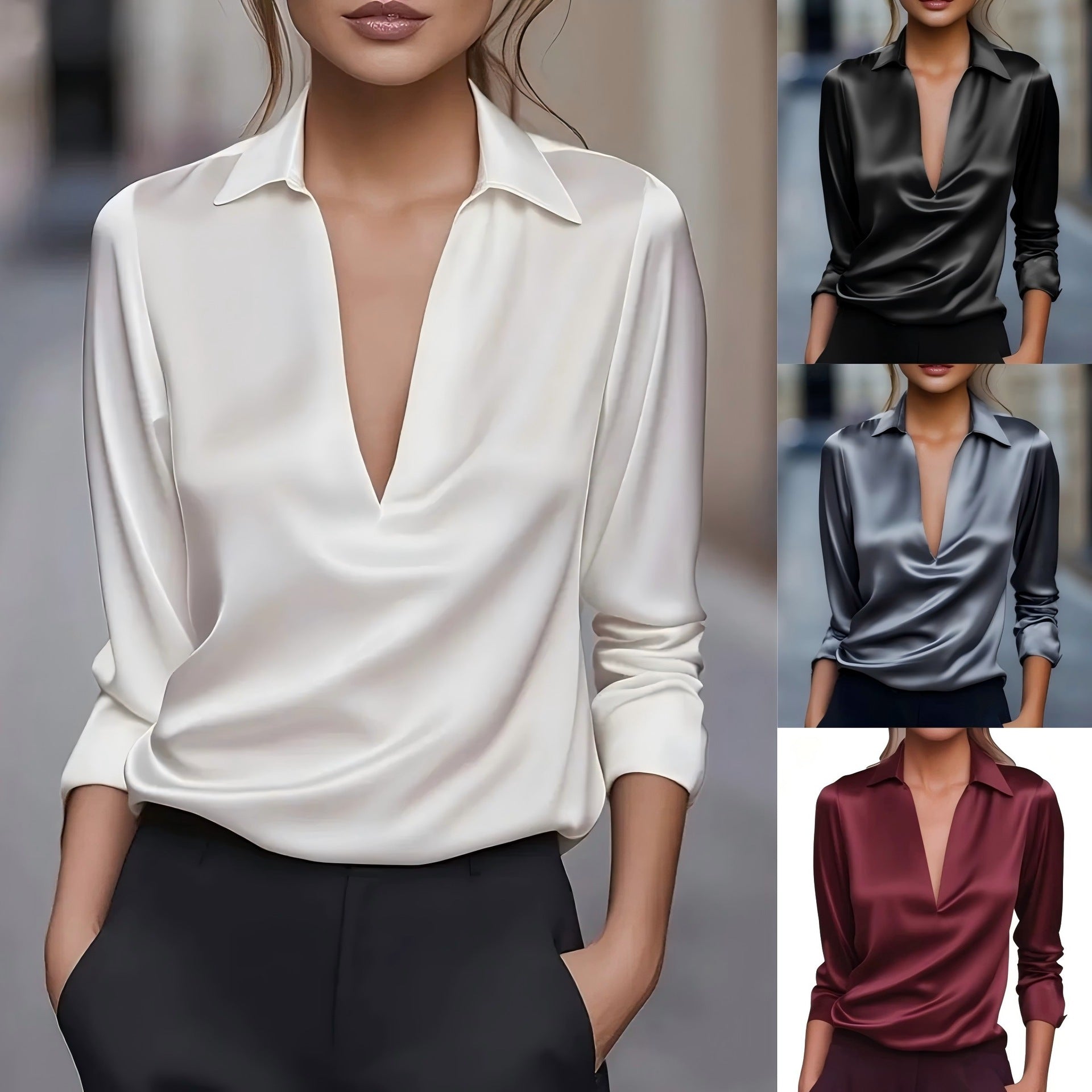Blouse color options: white, black, gray, and red
