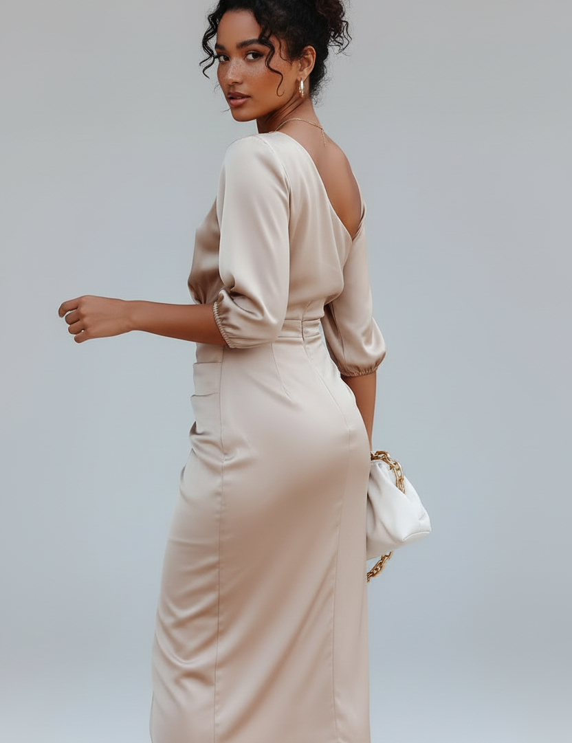 Champagne Beige One-Shoulder Jurk - Andere Hoek