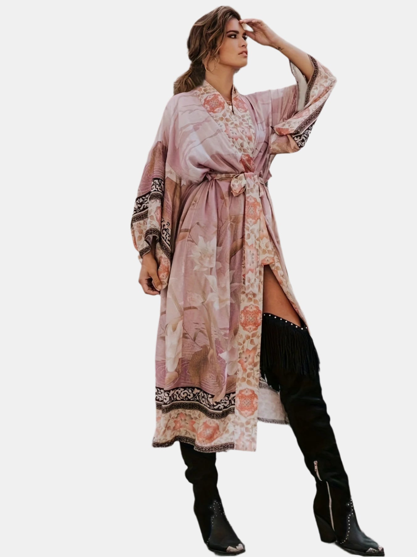 Maxi kimono dames met bloemenprint roze zijprofiel