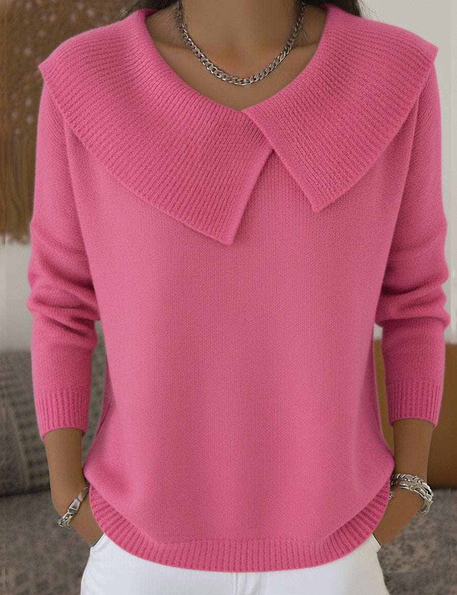 Pink sweater with oversized collar front view