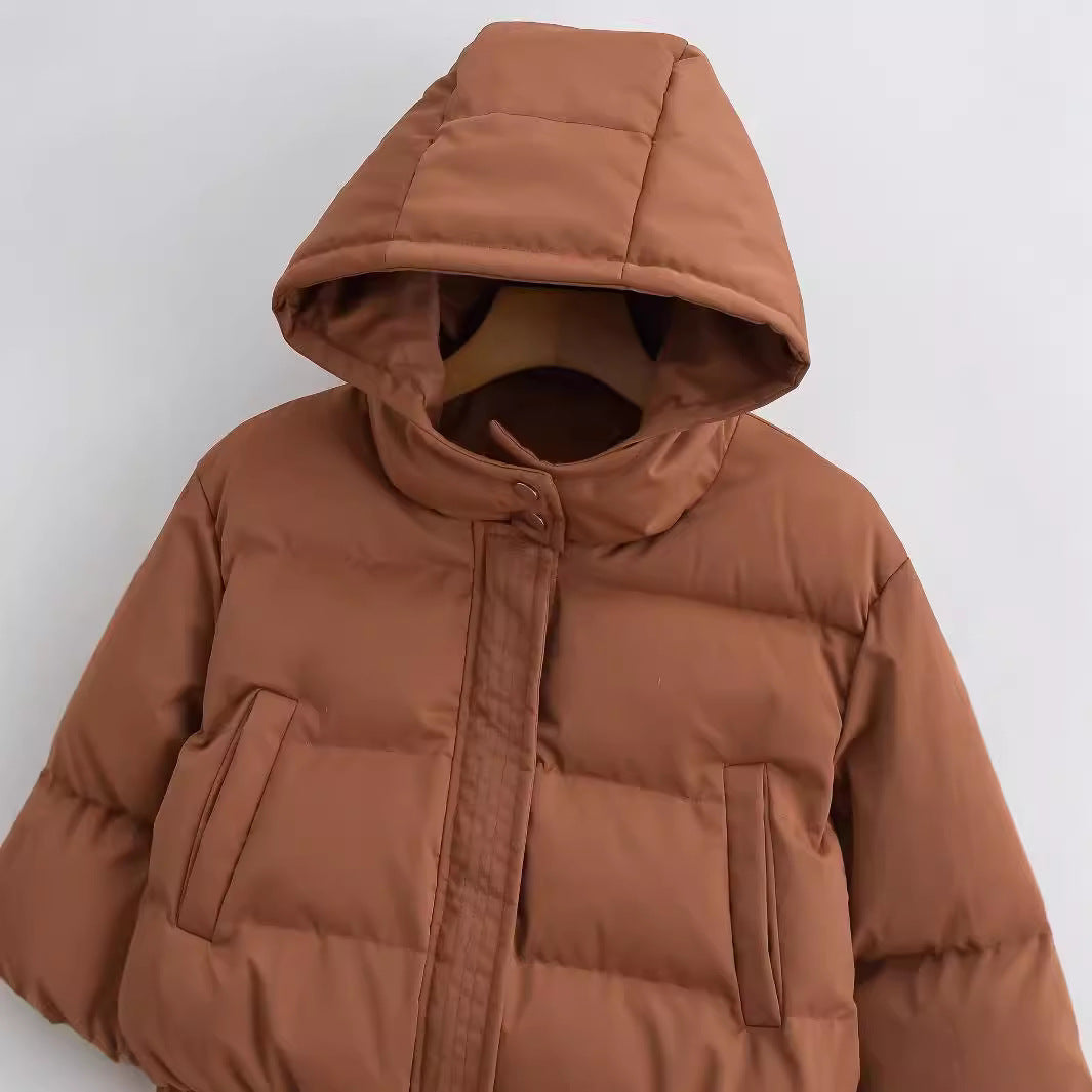 Brown puffer jacket with hood, close-up front view