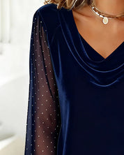 Blue blouse with polka dot sleeves and cowl neck neck detail