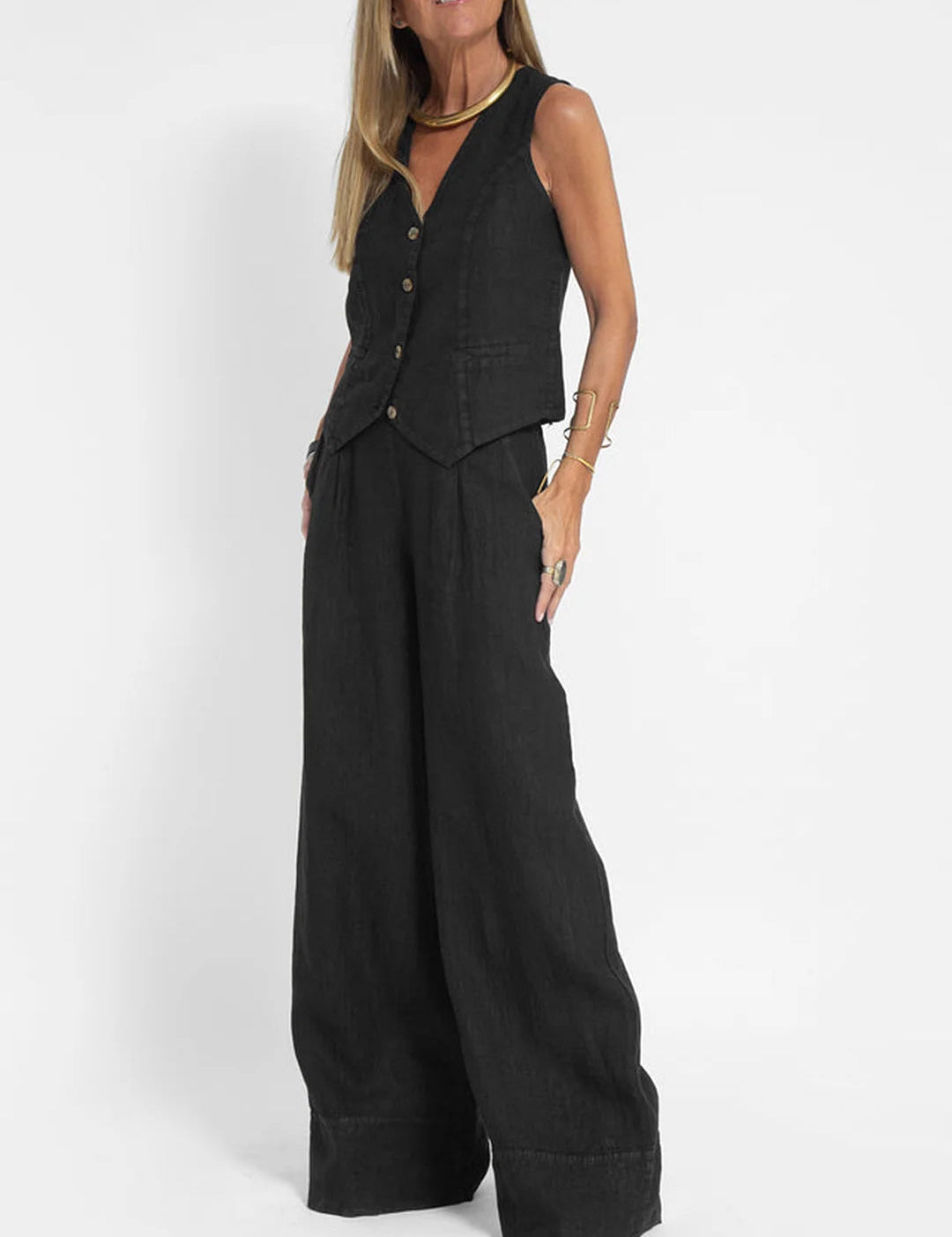 Dames set zwart linnen met V-hals gilet en wijde broek zijkant