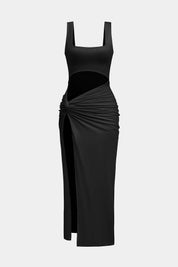 Midi dress black front view with side slit