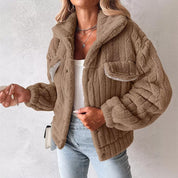 Fuzzy teddy coat tan side view