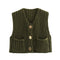 Green chunky knit vest with gold buttons front view