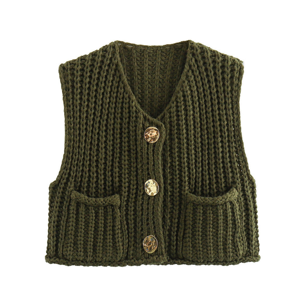 Green chunky knit vest with gold buttons front view