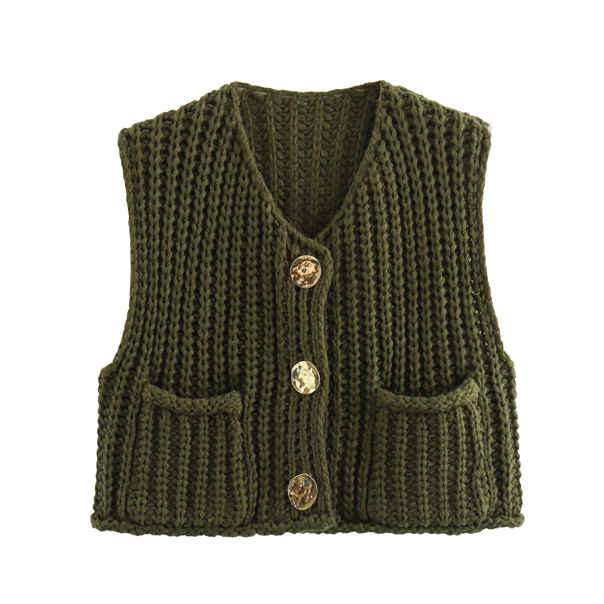 Green chunky knit vest with gold buttons front view